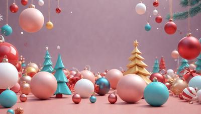 The primary subject of the image is a collection of Christmas ornaments, including balls and trees, arranged on a pink surface. The setting is a festive and holiday-themed environment, with the ornaments creating a visually appealing and colorful display. The visual style of the image is a combination of photo and digital art, with the ornaments appearing to be three-dimensional and realistic. The colors and mood of the image are predominantly pink and festive, creating a warm and joyful atmosphere.